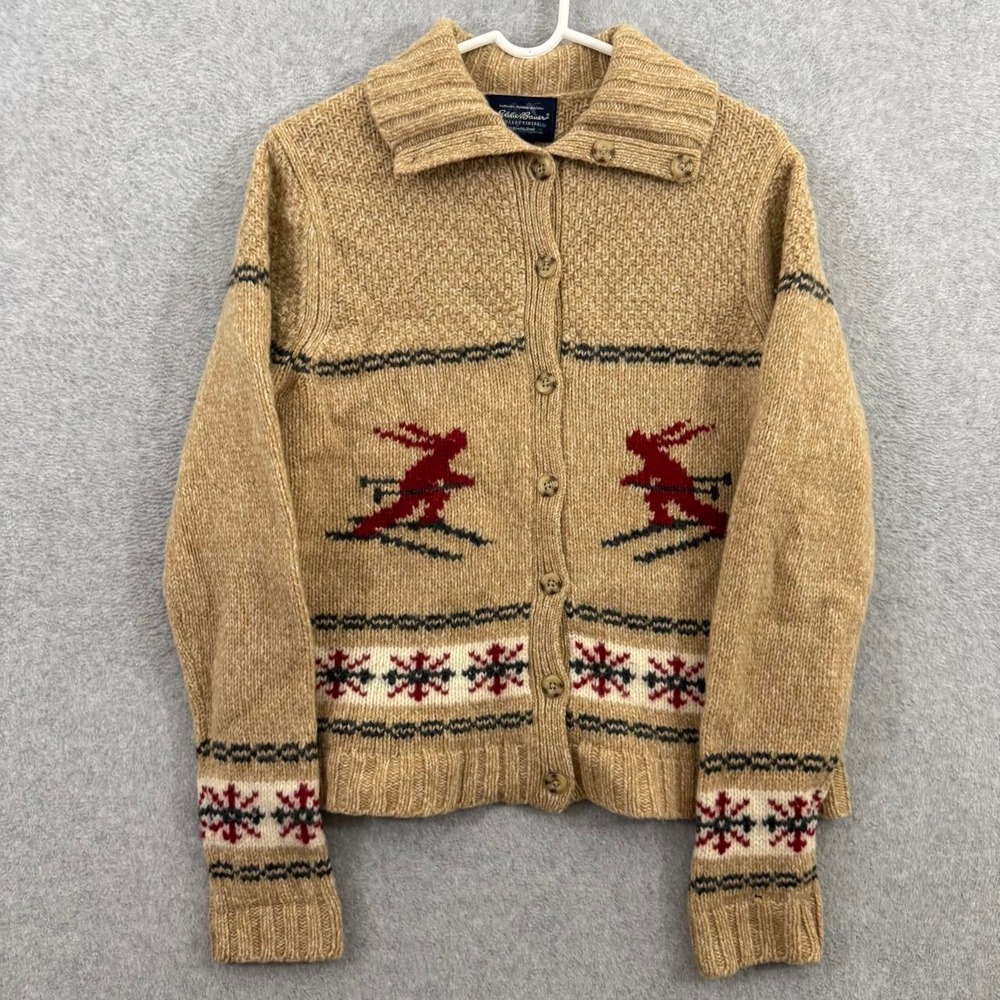 Eddie Bauer Collectibles Women's Medium Lambswool Ski Cardigan Sweater Reindeer